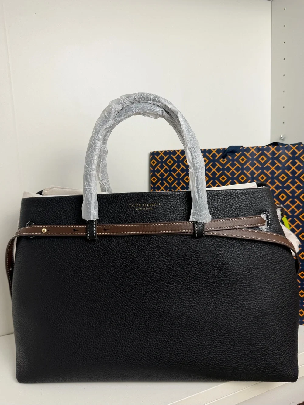 Tory Burch Black Leather Tote with Brown Trim